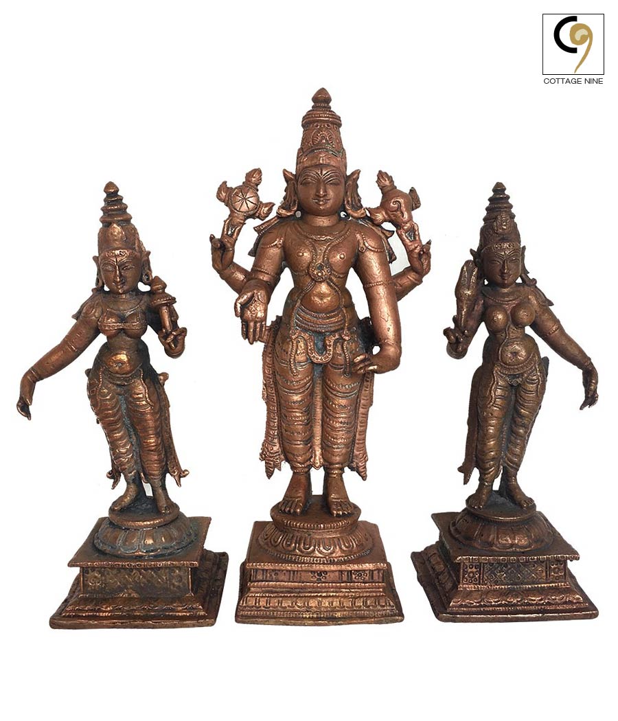 Antique-Replica-Venkateshwara-with-Sridevi-and-Bhudevi-Copper-Idol-Set-1