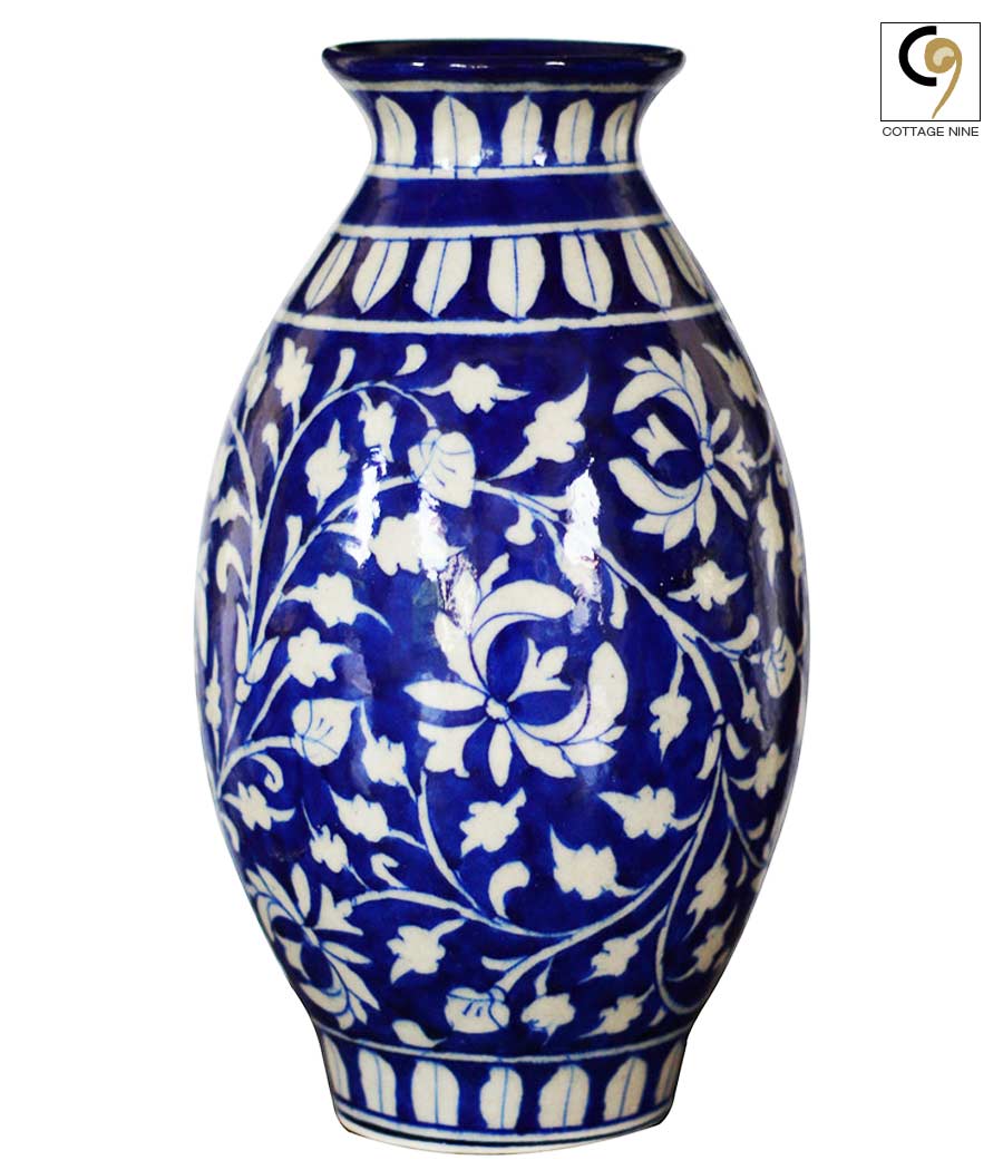 Blue-Pottery-Pitcher-White-Floral
