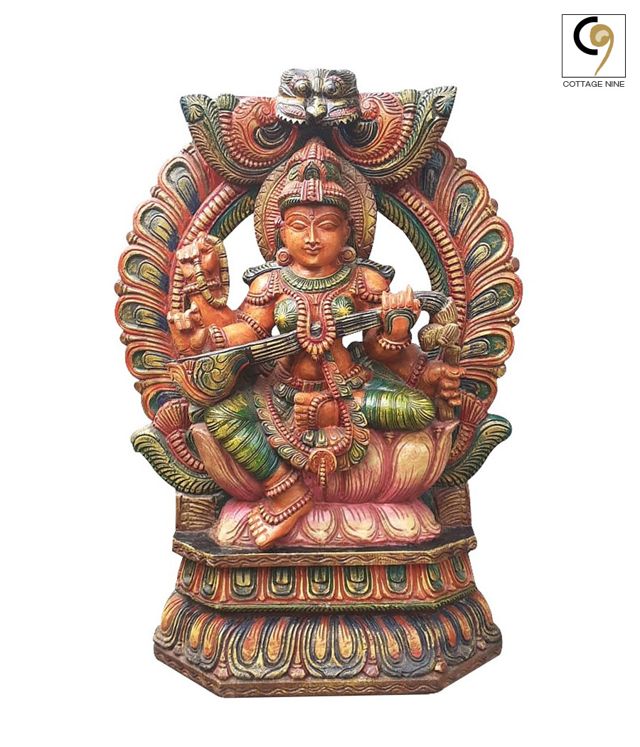 Devi-Saraswati-Wood-Carved-Statue-1