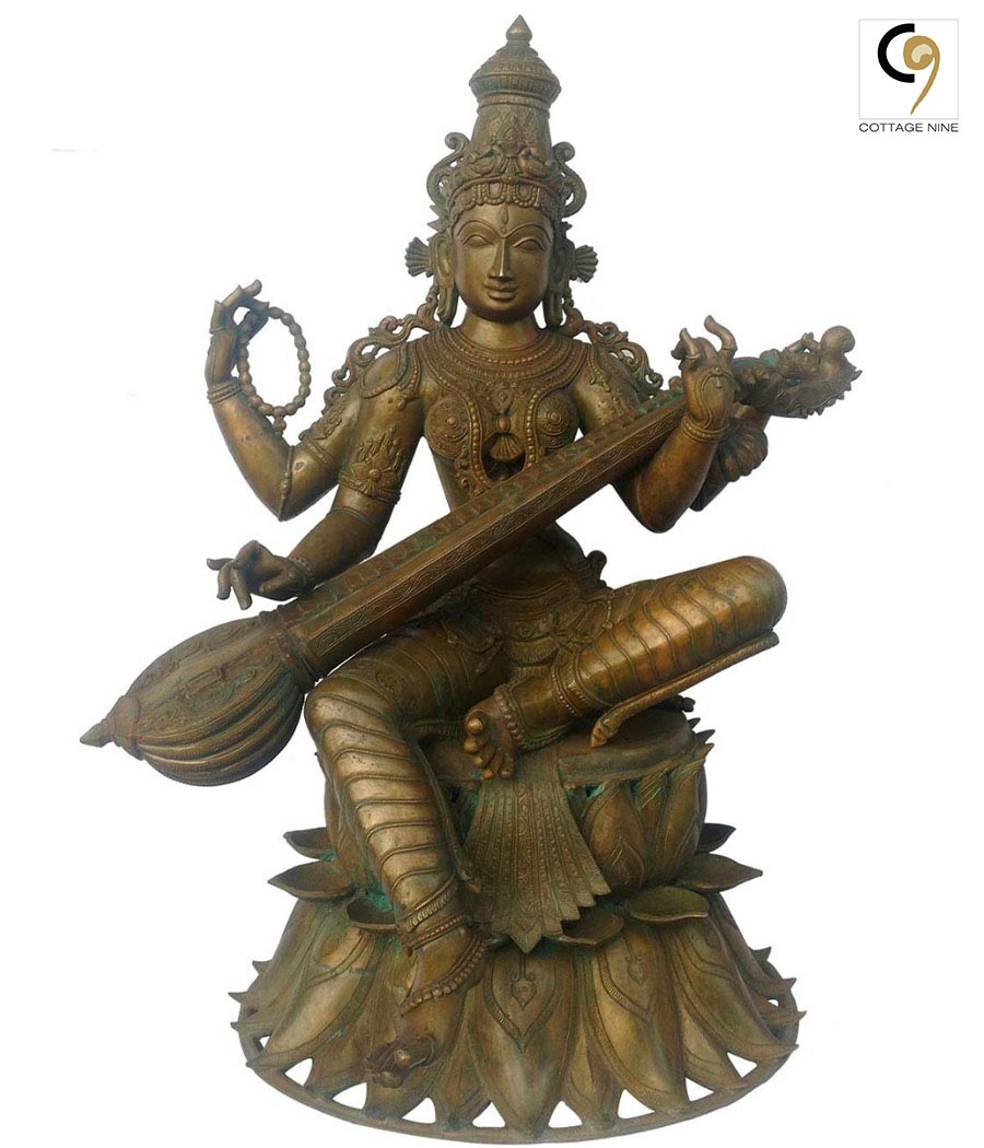 Saraswati-Bronze-Statue-on-Lotus-Base-1