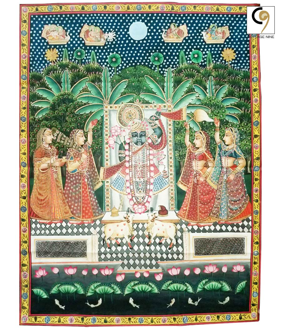 Shrinathji-Pichwai-Painting-Srinathji-(Krishna)-Served-By-Gopis
