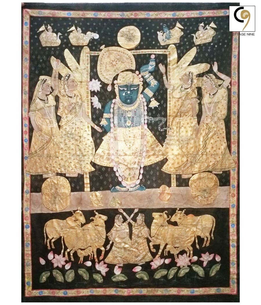 Shrinathji-Pichwai-Painting-Srinathji-(Krishna)-With-Cows-And-Gopis-Golden-Theme