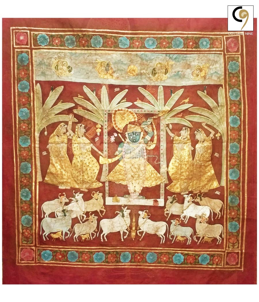 Shrinathji-Pichwai-Painting-Srinathji-(Krishna)-With-Cows-And-Gopis-Orange-Theme