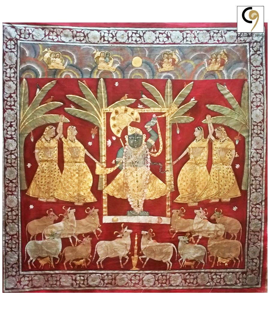 Shrinathji-Pichwai-Painting-Srinathji-(Krishna)-With-Cows-And-Gopis-Red-Theme