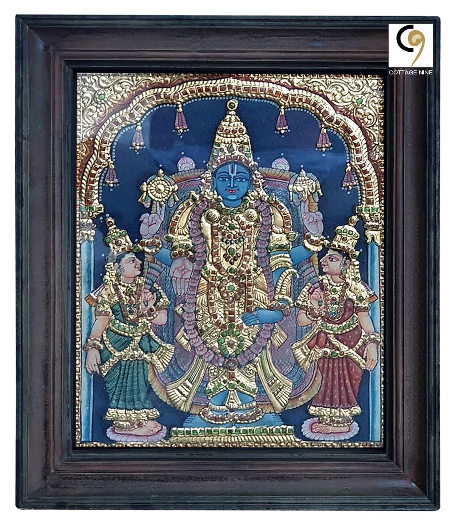Tirupati-Vishnu-with-Sridevi-and-Bhudevi-Tanjore-Painting