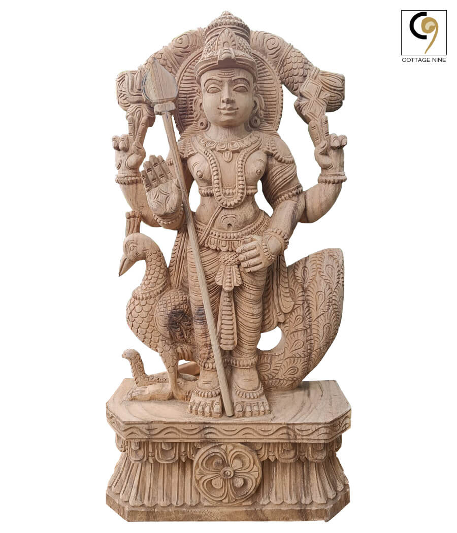 Beautiful Idol of Four-armed Murugan (Kartikeya) with Peacock Carved in Wood