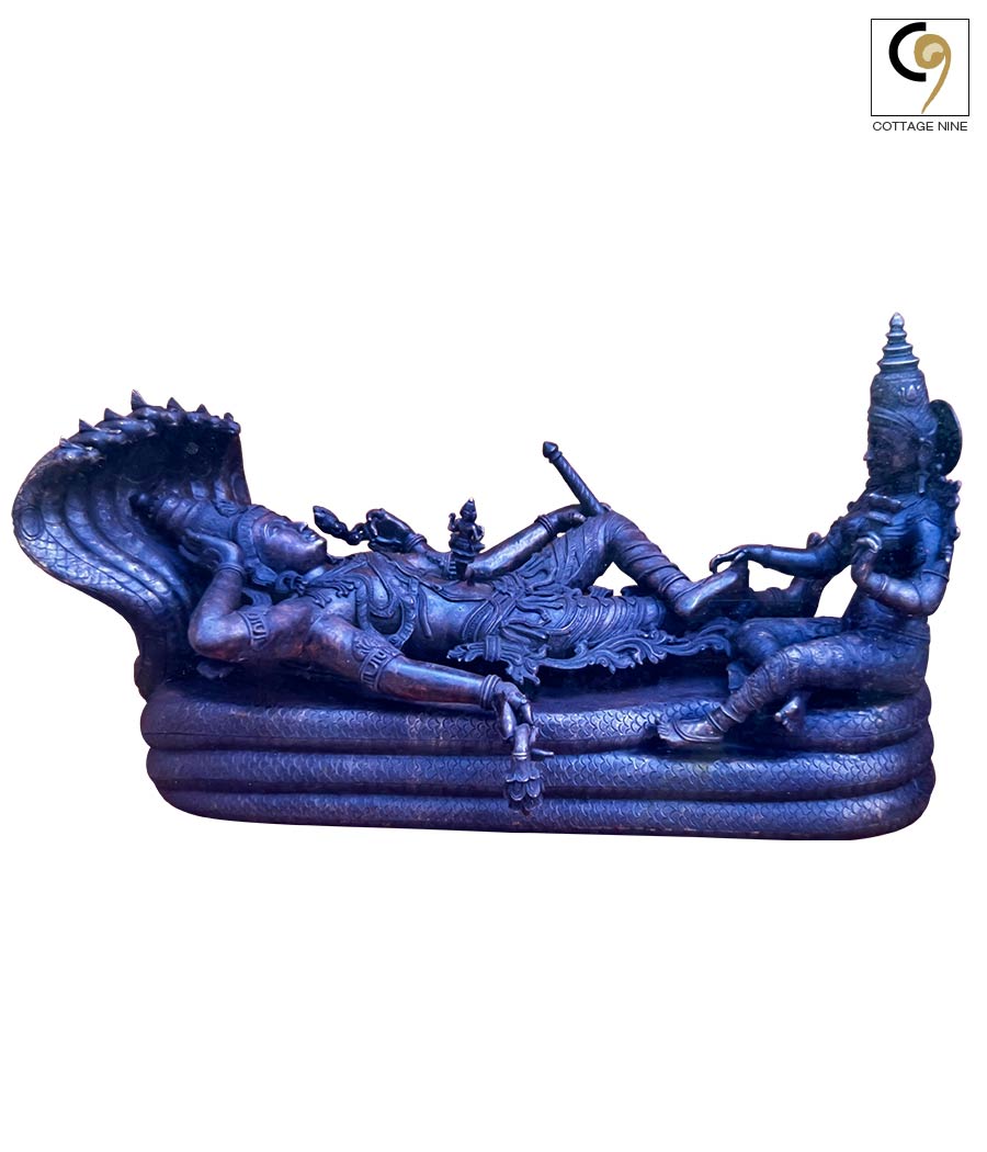 South-Indian-Hoysala-Style-Bronze-Idol-of-Vishnu-Sleeping-on-Seshanaga-with-Lakshmi