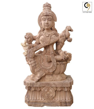 South-Indian-Style,-Four-armed-Idol-of-Devi-Saraswati-Carved-in-Wood
