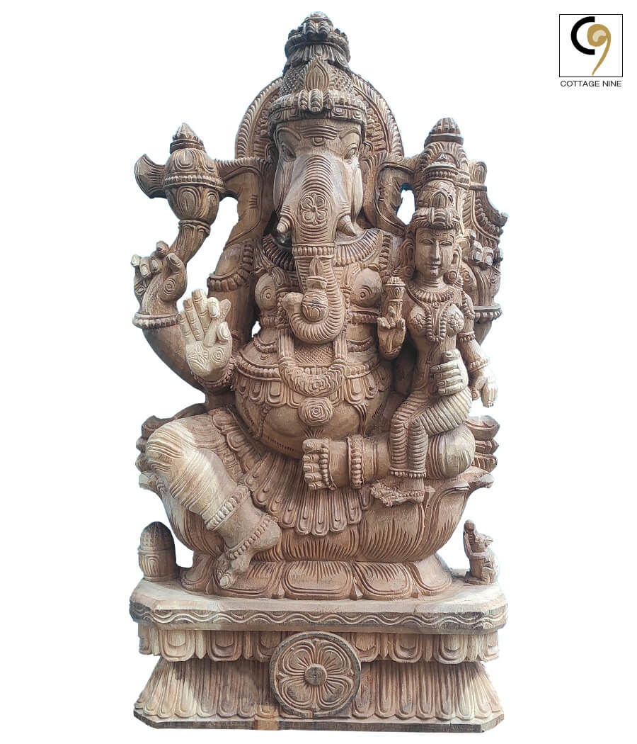 South-Indian-Wood-Carving-of-Ganesha-Seated-with-Devi-in-Aalingana-Pose