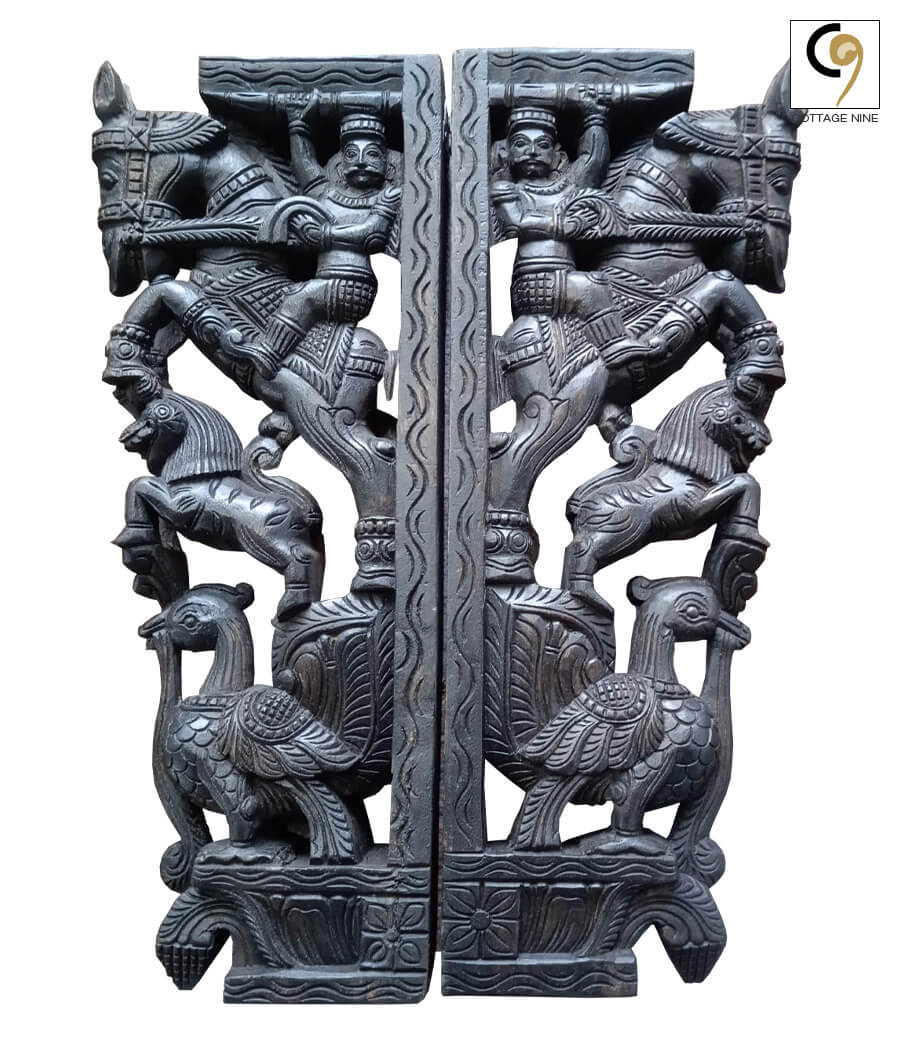 South-Indian-Wood-Carvings-of-Warriors-on-Horses-with-Mythical-Birds