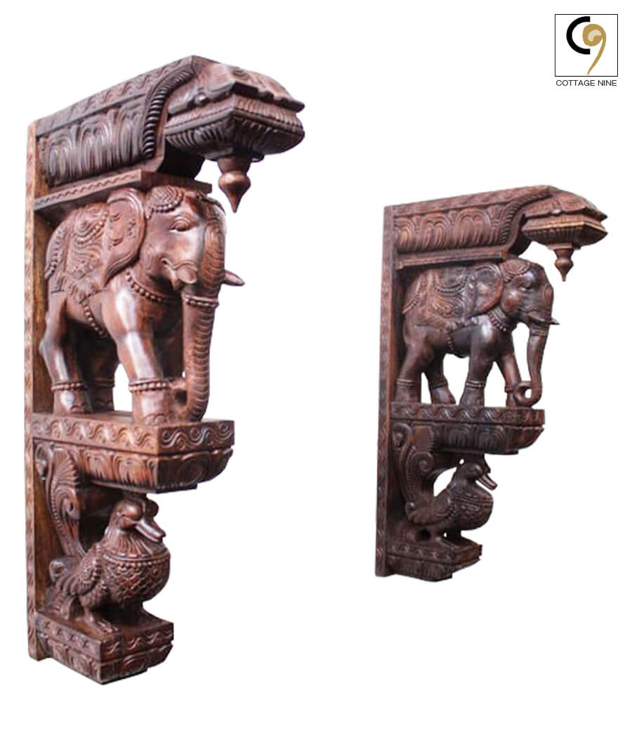 Wood-Carved-Corner-Decorations-of-Elephants-and-Swans-in-South-Indian Style(Cottage9)