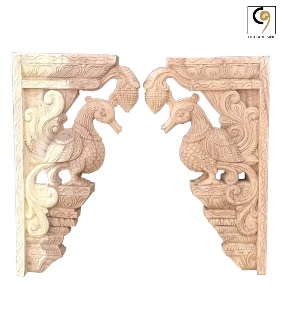 Wood-Carved-Corner-Decorations-of-Swans-in-South-Indian-Style