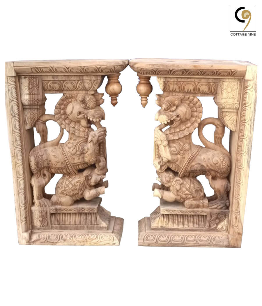 Wood-Carvings-of-a-Pair-of-Wooden-Yazhi-(Yali)-with-Elephants